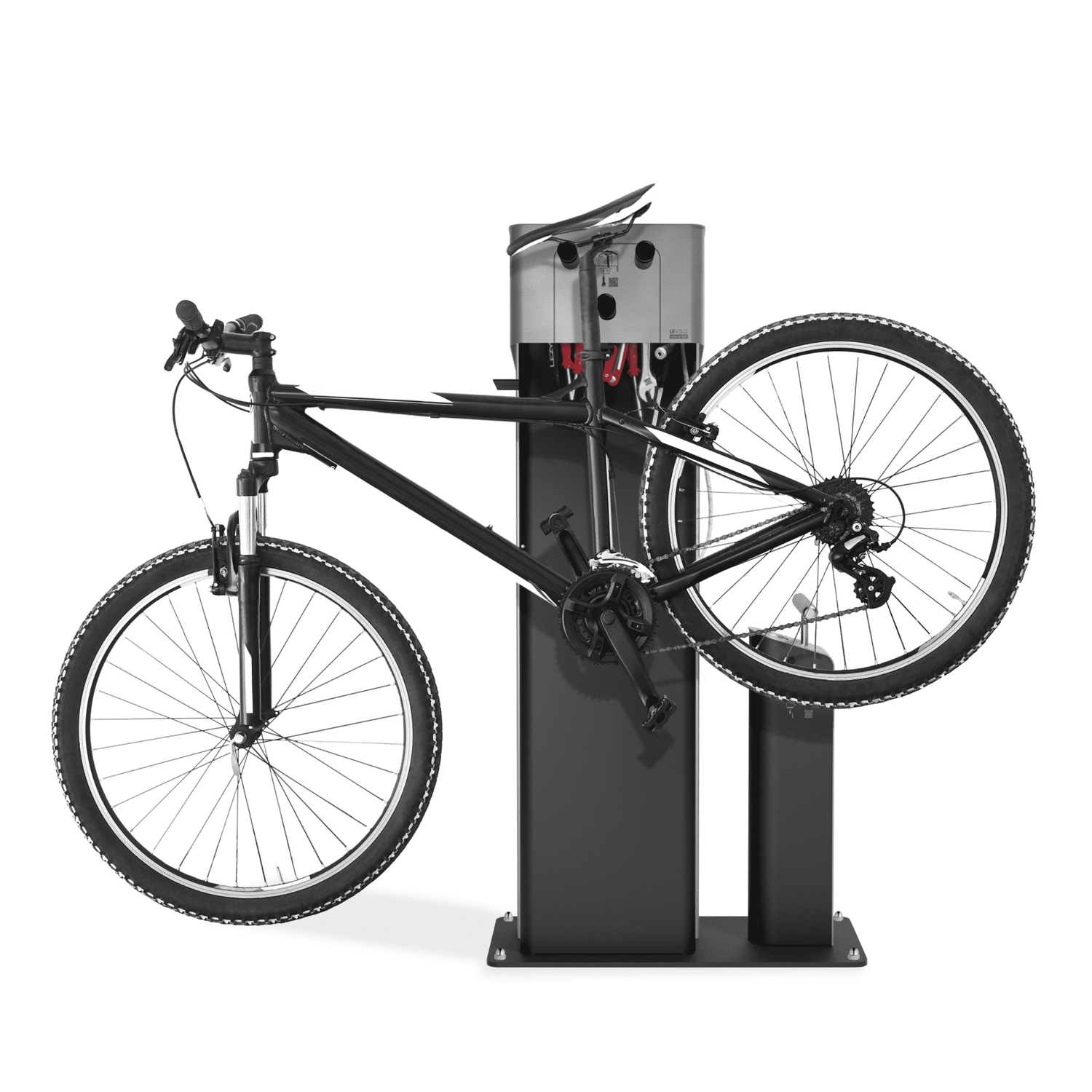 Fahrrad an moderner Reparaturstation befestigt, mit Werkzeugen und Halterungen.