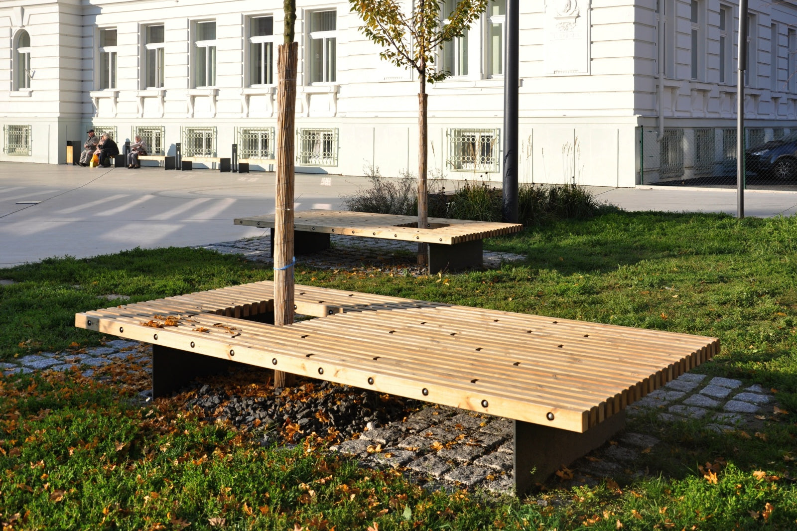 Moderne Holzbank umgeben von grüner Wiese und Bäumen vor einem weißen Gebäude an einem sonnigen Tag.