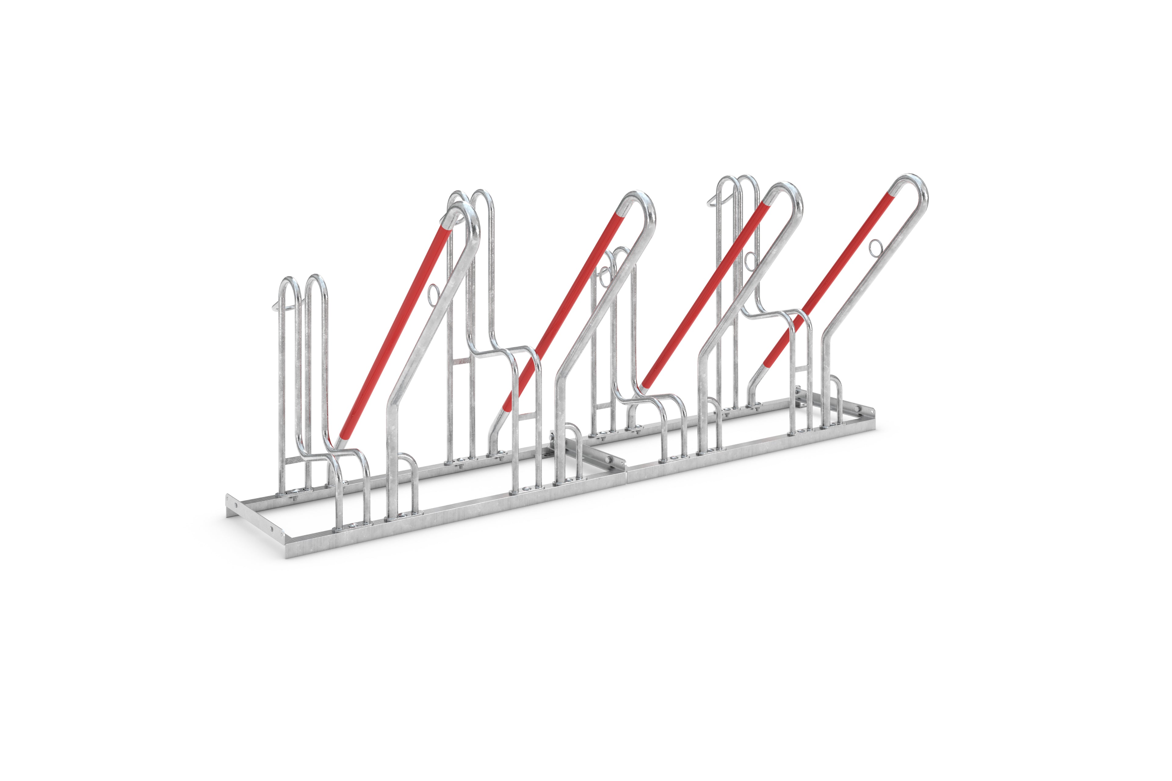 Zu sehen ist ein Fahrradständer aus silbernem Metall mit rotem Akzent, der Platz für mehrere Fahrräder nebeneinander bietet. Das Gestell hat mehrere gebogene Halterungen zum sicheren Abstellen und Fixieren von Fahrradreifen. Die roten Streben verlaufen diagonal und sind Teil der Halterungskonstruktion. Der Fahrradständer steht auf einem weißen Hintergrund und wirkt modern sowie stabil.