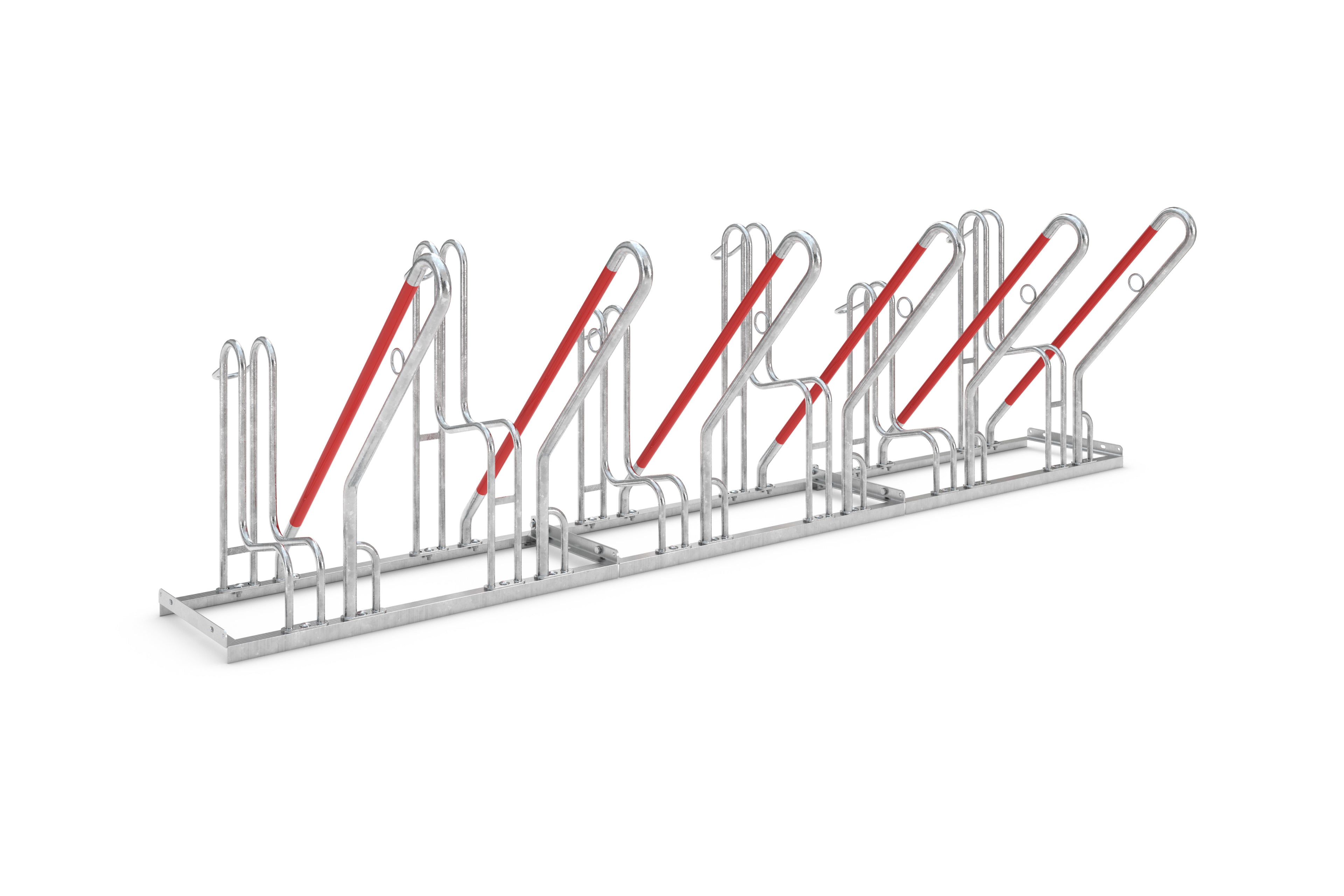 Zu sehen ist ein Fahrradständer aus silberfarbenem Metall mit sechs Einstellplätzen. Die Konstruktion besteht aus gebogenen Metallstangen, die ein rechteckiges Grundgerüst bilden. An den Einstellplätzen befinden sich jeweils zwei unterschiedlich hohe, parallele Halterungen. Teilweise sind diese mit roten, diagonalen Verstrebungen ausgestattet, die Stabilität und Struktur verleihen. Das Objekt steht isoliert auf weißem Hintergrund und wirkt modern sowie funktional.