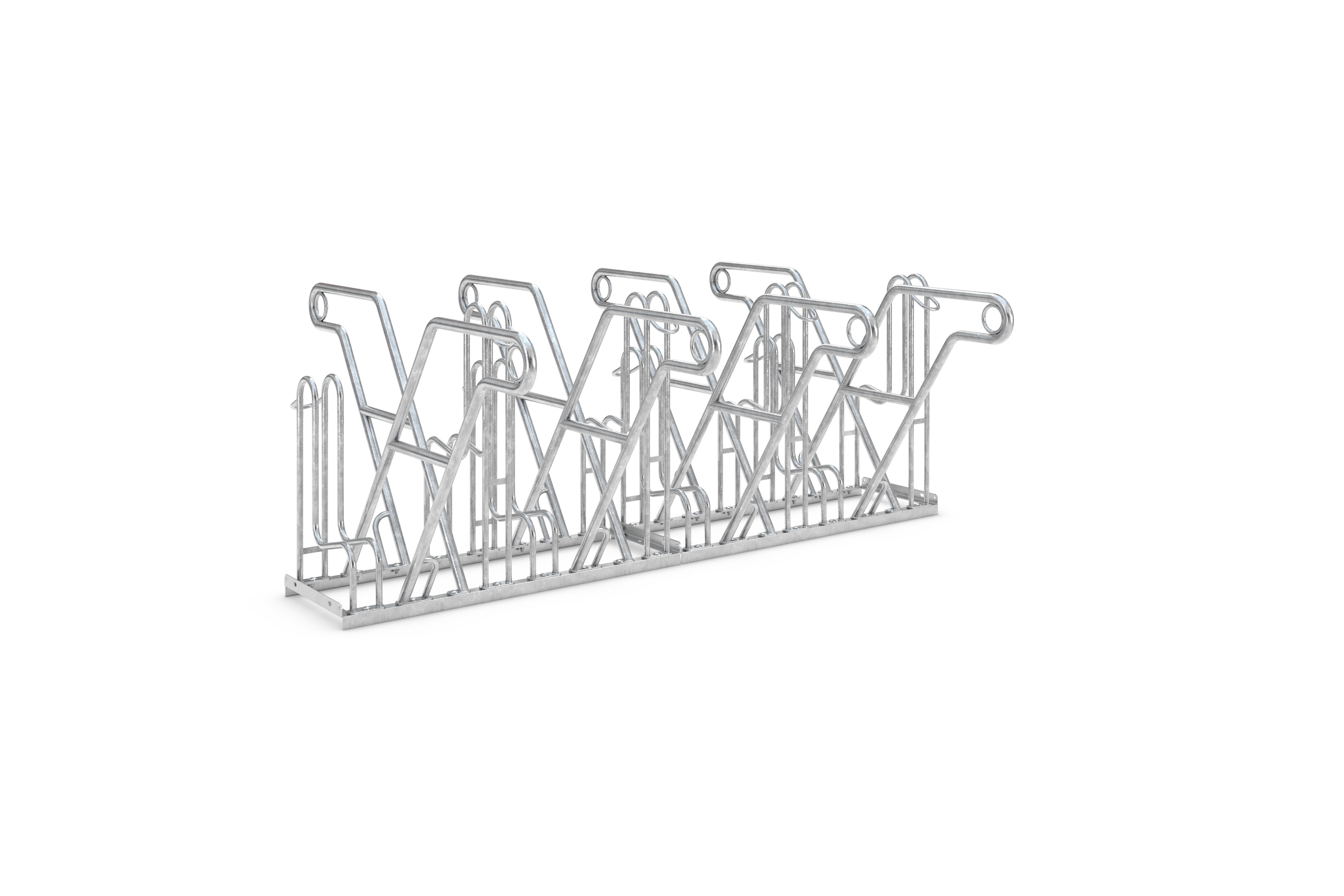 Ein silbernes Metallgestell mit mehreren gebogenen Halterungen und Streben, vermutlich ein Fahrradständer für mehrere Fahrräder. Die Konstruktion ist symmetrisch und steht auf einer rechteckigen Basis. Die Oberfläche wirkt metallisch glänzend und stabil, das Design ist funktional und geometrisch. Im Hintergrund ist alles weiß, ohne weitere Gegenstände.