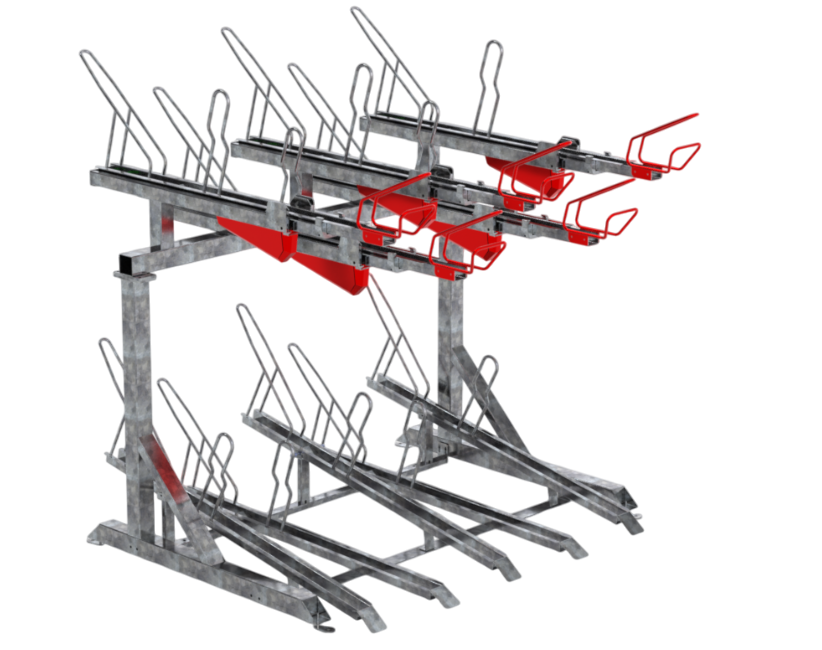 Doppelstock-Fahrradparker Radup Premium aus feuerverzinktem Stahl zur platzsparenden und sicheren Unterbringung von Fahrrädern auf zwei Ebenen. Die Anlage verfügt über eine komfortable Hebehilfe für die obere Ebene und stabile Führungsschienen für einfaches Einstellen. Geeignet für öffentliche Bereiche wie Bahnhöfe, Unternehmen, Schulen und Parkplätze. Robust, langlebig und diebstahlsicher, ideal zur optimalen Nutzung begrenzter Stellflächen.