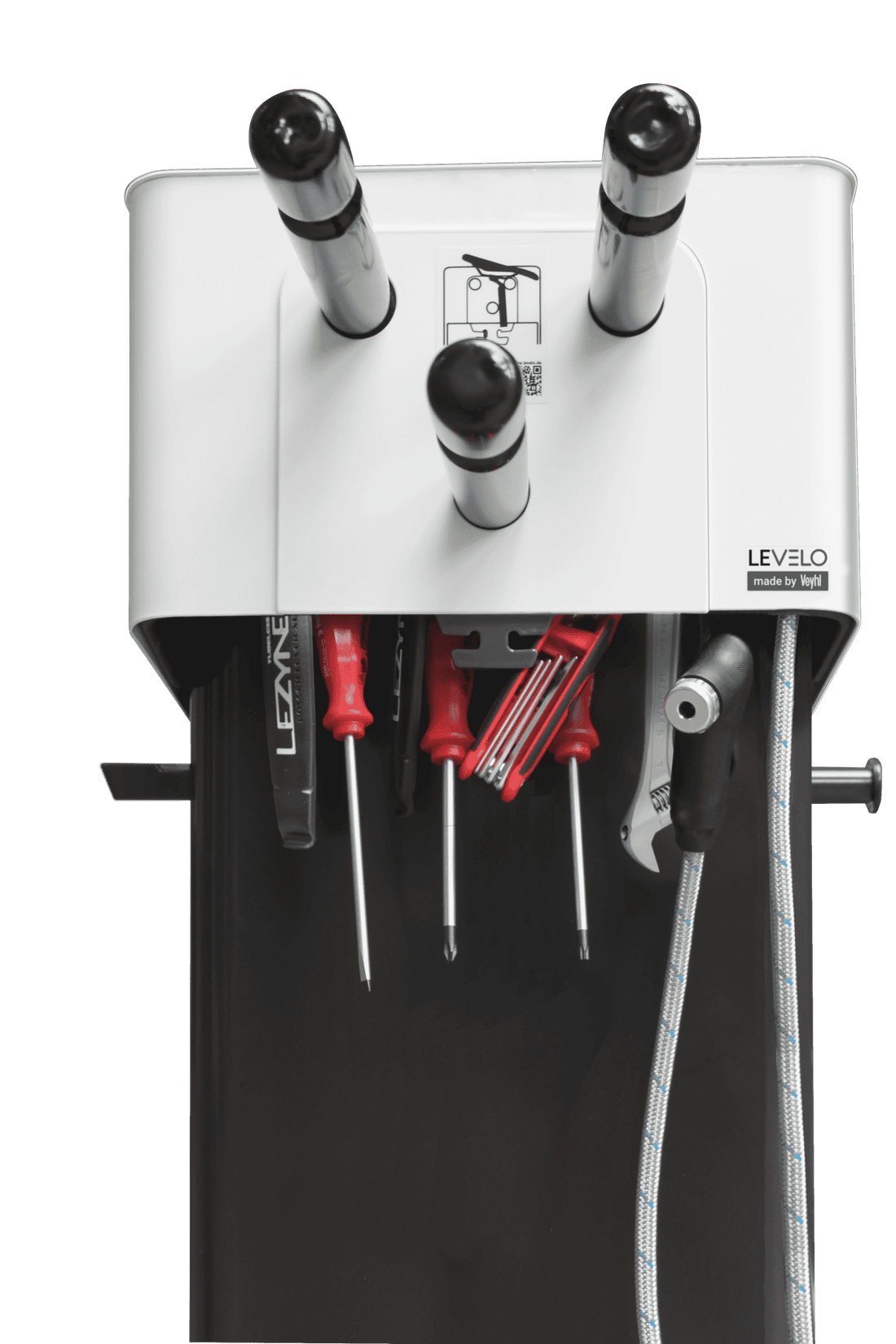 Levelo Fahrradreparatur Station mit Werkzeugen und Halterungen.