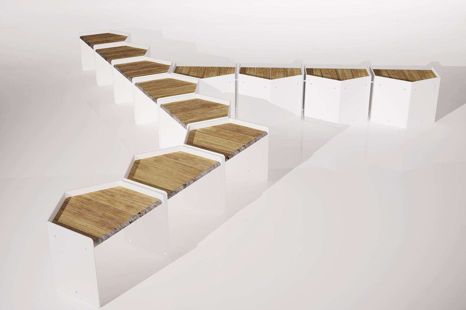 Modulare Sitzbänke mit weißen Seiten und Holzdächern, in einer geometrischen Formation angeordnet.