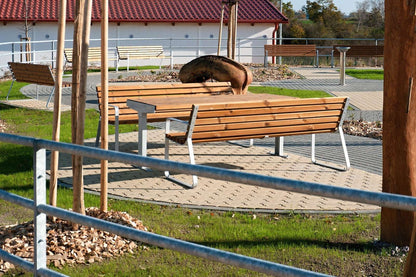 Parkbank und Tisch aus Holz auf gepflastertem Platz mit Bäumen und Geländer im Hintergrund.