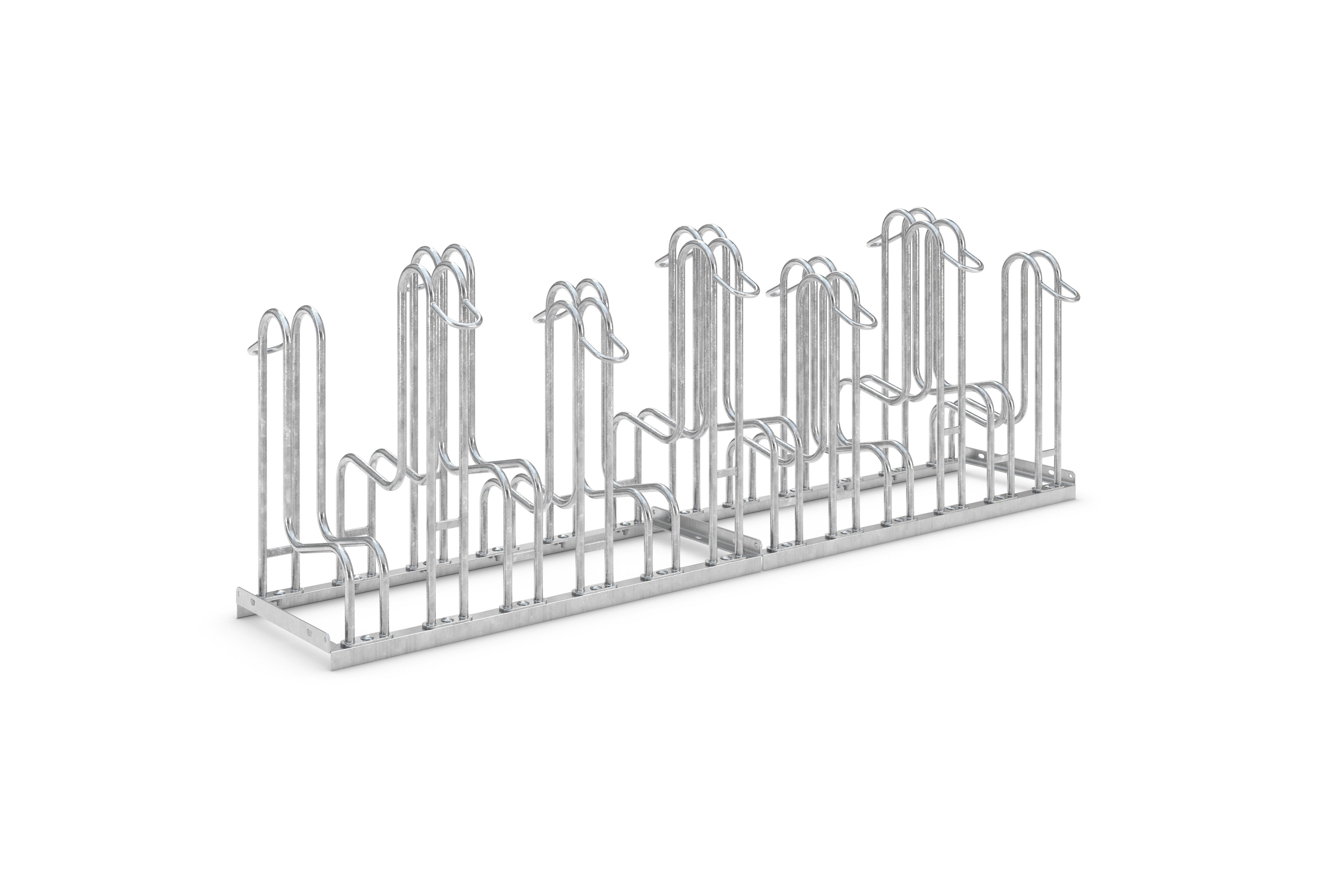 Ein modularer Fahrradständer aus verzinktem Stahl mit mehreren Stellplätzen, ideal für den Einsatz im Außenbereich.